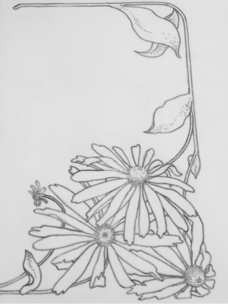 Line drawing of daisy-like flowers arranged as a corner border design