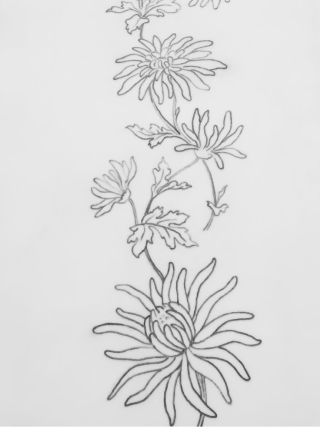 Line drawing of a vertical chrysanthemum vine tattoo design