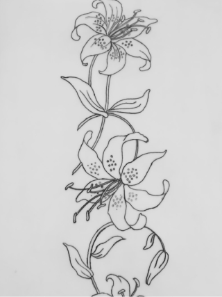 Line drawing of two lily blooms and a bud as a tattoo design
